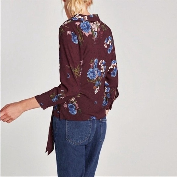 Zara Women's Dark Academia Floral Wrap Long Sleeve Blouse Top, Burgundy, Size S - Picture 2 of 12